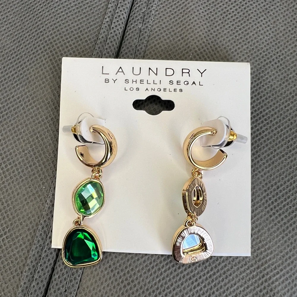 *SOLD*Laundry by Shelli Segal Gold/Emerald Huggie Drop Earrings - Picture 5 of 6